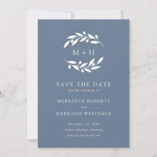 Save The Date Dusty Blue Olive Branch Monogram Wreath Mariage
