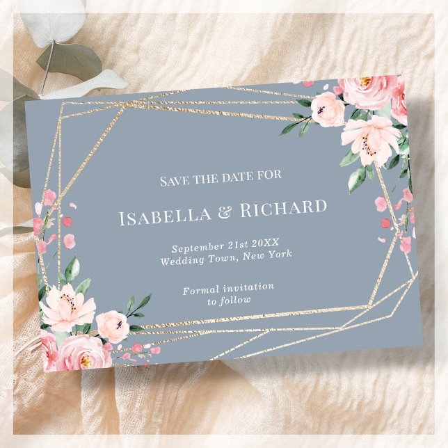 Save The Date Dusty Blue | Or | Mariage floral rose pâle (Créateur téléchargé)