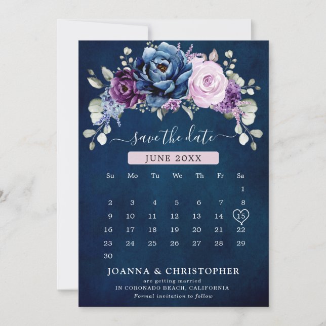 Save The Date Dusty Blue Purple Navy Lilac Blooms Calendrier Enr (Devant)