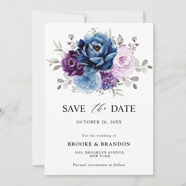 Save The Date Dusty Blue Purple Navy Lilac Blooms Mariage (Devant)