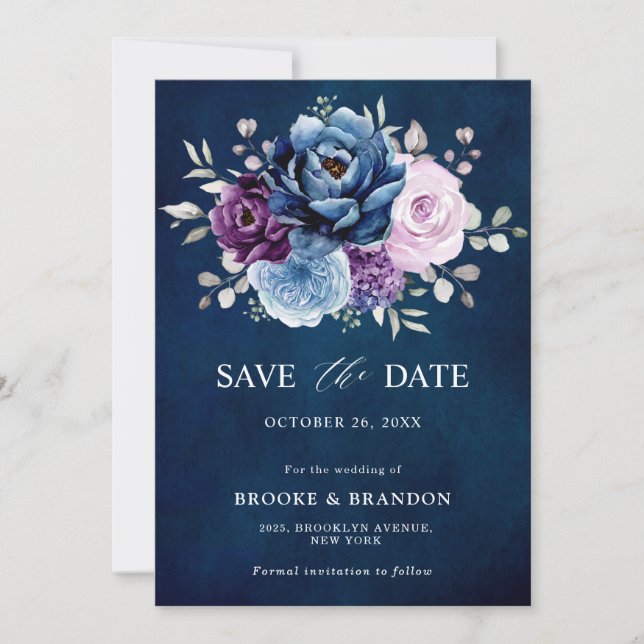 Save The Date Dusty Blue Purple Navy Lilac Blooms Mariage Enregi (Devant)
