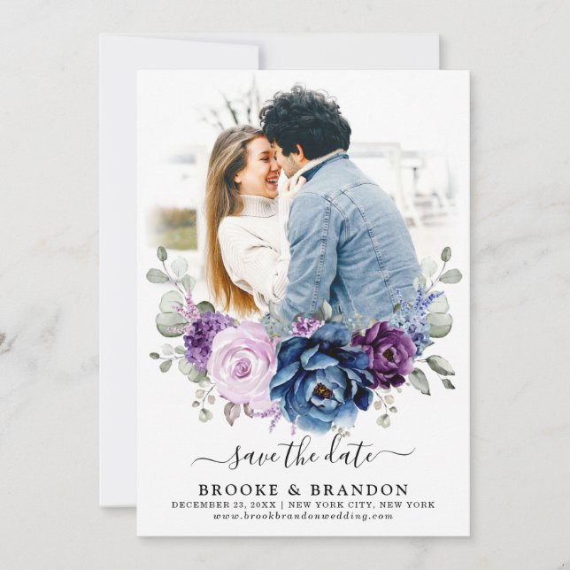 Save The Date Dusty Blue Purple Navy Lilac Blooms Mariage Photo (Devant)