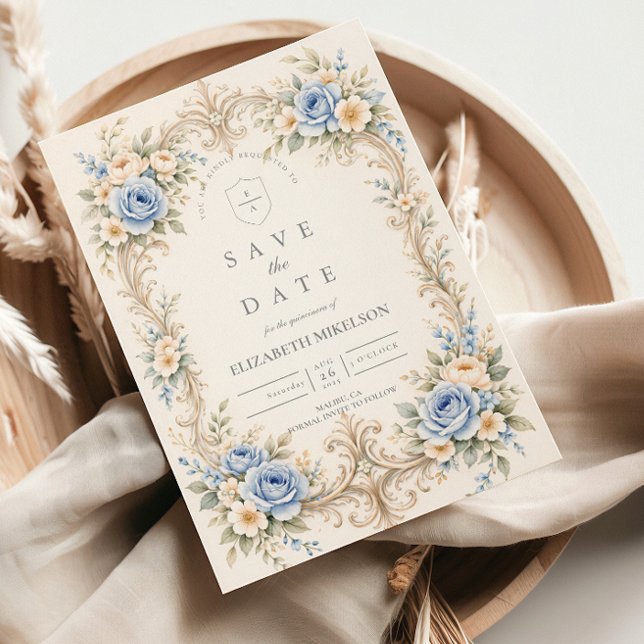 Save The Date Dusty Blue Rose Baroque Quinceañera (Créateur téléchargé)