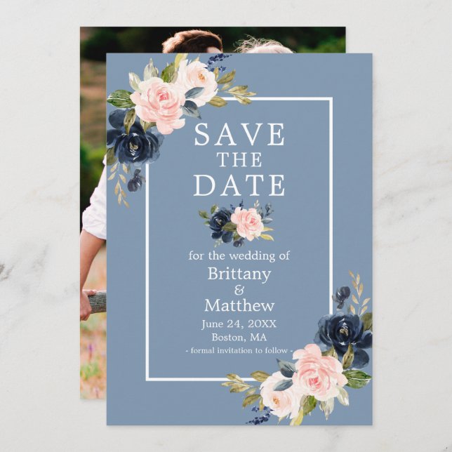 Save The Date Dusty Blue Rose Blush Floral Photo Enregistrer la  (Devant / Derrière)