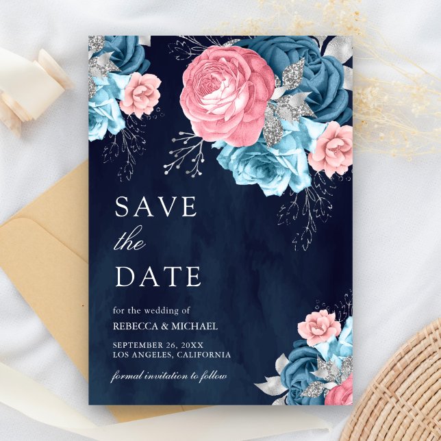 Save The Date Dusty Blue Rose Floral Rose Mariage de marine (Créateur téléchargé)