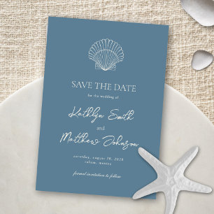 Save The Date Dusty Blue Shell Beach Ocean Destination Mariage