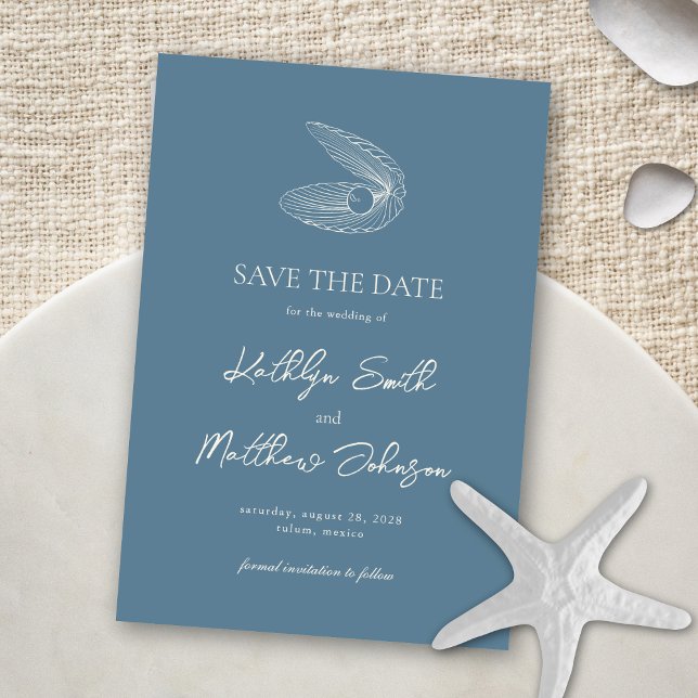 Save The Date Dusty Blue Shell Beach Ocean Destination Mariage (Créateur téléchargé)