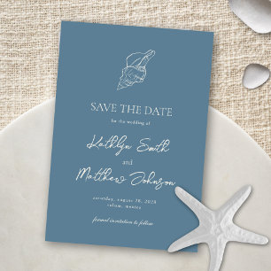 Save The Date Dusty Blue Shell Beach Ocean Destination Mariage