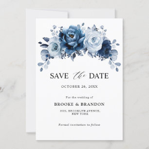 Save The Date Dusty Blue Slate Navy Floral Botanal Mariage