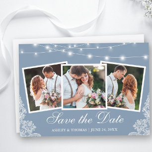 Save The Date Dusty Blue String Lights Lace 3 Photo