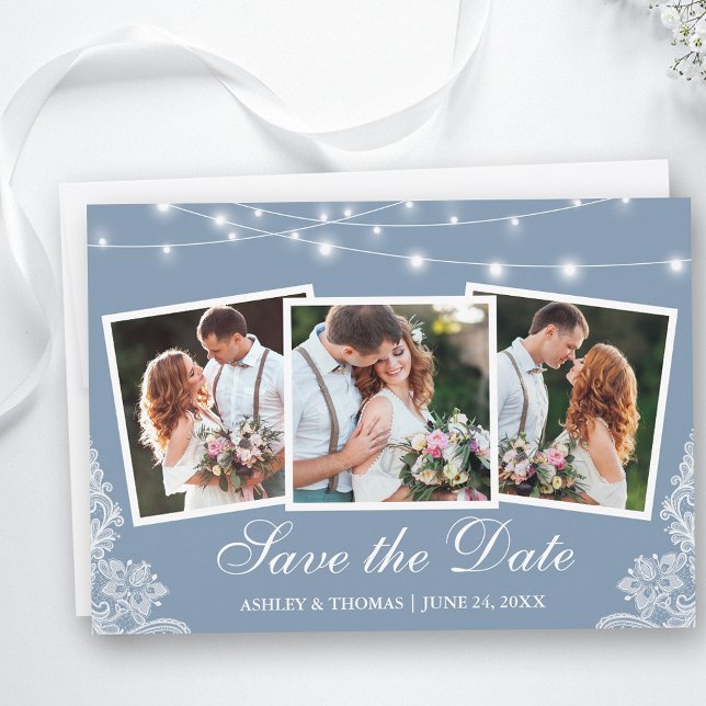 Save The Date Dusty Blue String Lights Lace 3 Photo (Customize to change text size, style or to add more text to back of card.)