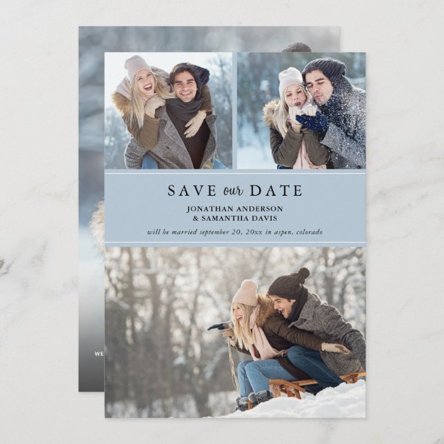 Save The Date Dusty Blue Stylish Photo Collage Enregistrer notre (Devant / Derrière)