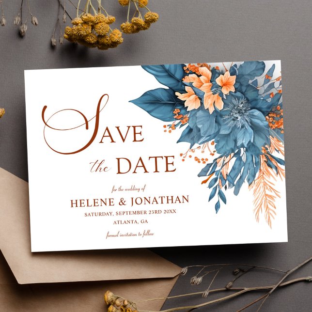Save The Date Dusty Blue Terracotta Boho Élégant Mariage Floral (Dusty Blue Terracotta Boho Elegant Floral Wedding Save The Date)