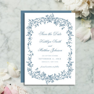 Save The Date Dusty Blue Vintage Floral Élégant Mariage Script