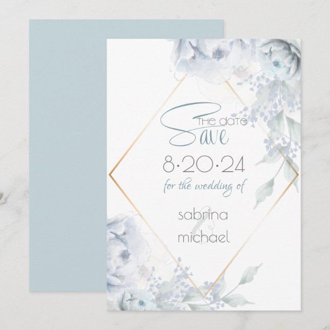 Save the date | Dusty Blue Watercolor Peonies (Devant / Derrière)