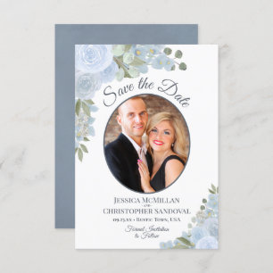 Save The Date Dusty Blue Watercolor Roses & Photo Rustic Mariage