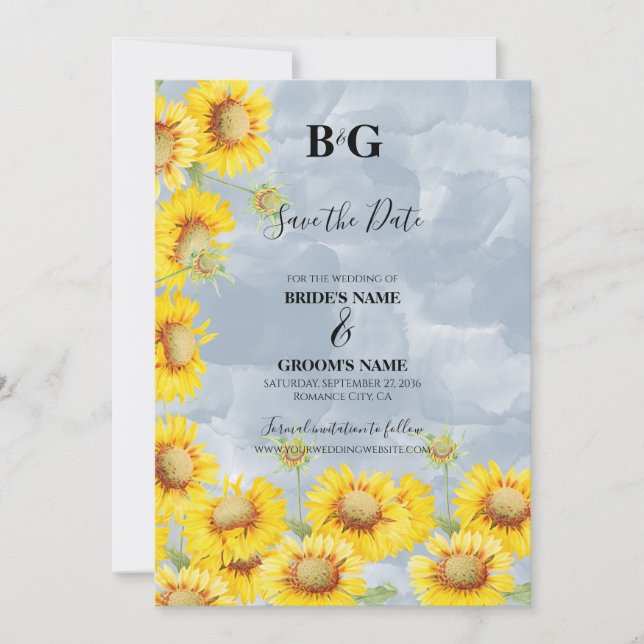 Save The Date Dusty Blue Watercolor Sunflowers Monogram Mariage (Devant)
