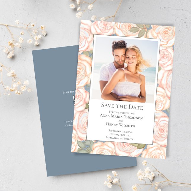 Save The Date Dusty Blue Wedding Save Date Floral Photo (Elegant blush pink floral design save the date photo card)