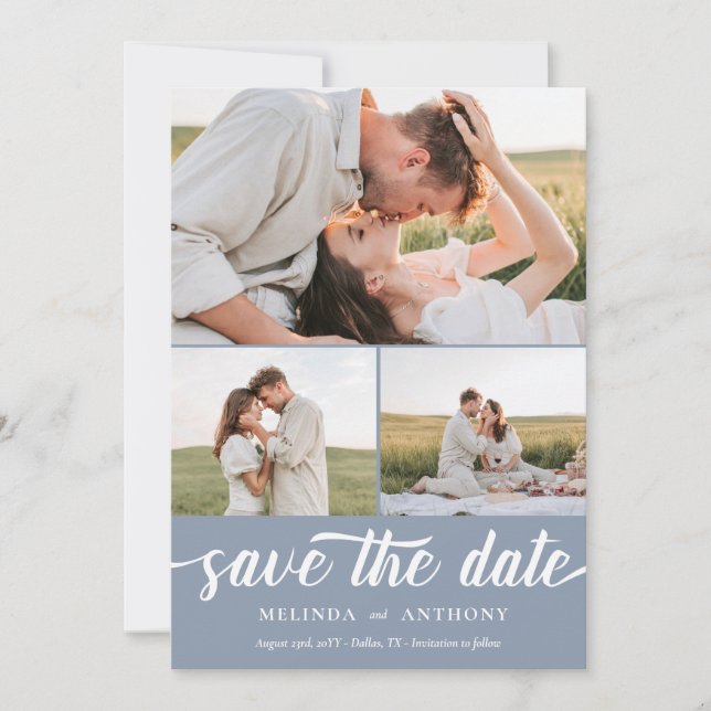 Save The Date Dusty Blue White Elegant Bold Script Photo Collage (Devant)