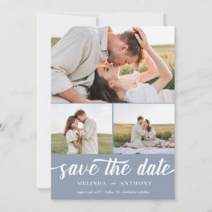 Save The Date Dusty Blue White Elegant Bold Script Photo Collage