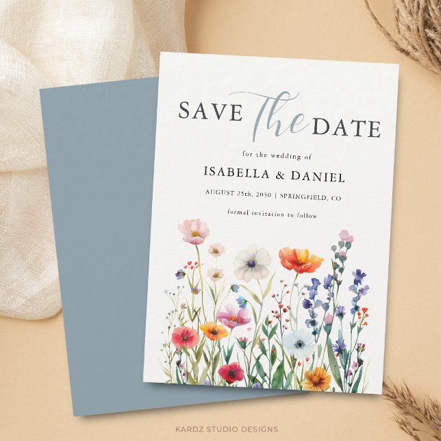 Save The Date Dusty Blue Wildflower Wedding (Card is shown in 4.5 x 6.25 inches with square corners. Choose size, corner and paper style.)