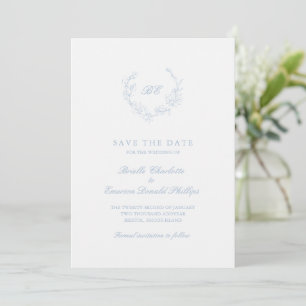 Save The Date Dusty Blue Wreath Monogramme QR Code Mariage éléga