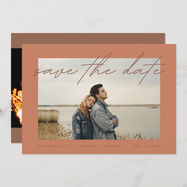 Save The Date Dusty Orange Terracotta Elégante Photo Frontière (Devant / Derrière)