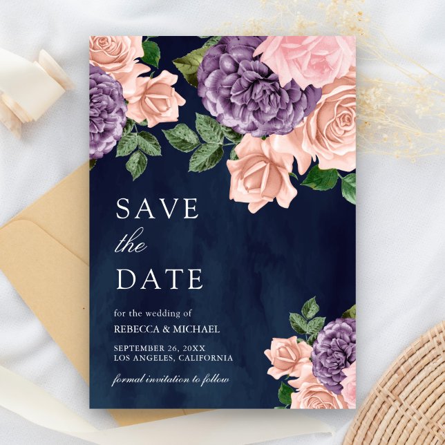 Save The Date Dusty Peach Purple Floral Navy Mariage bleu (Créateur téléchargé)