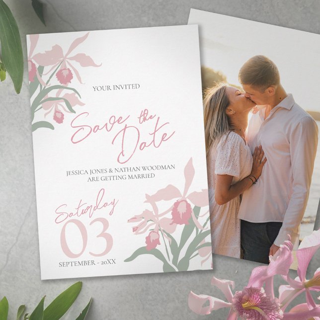 Save The Date Dusty pink cattleya orchid floral custom photo  (Créateur téléchargé)