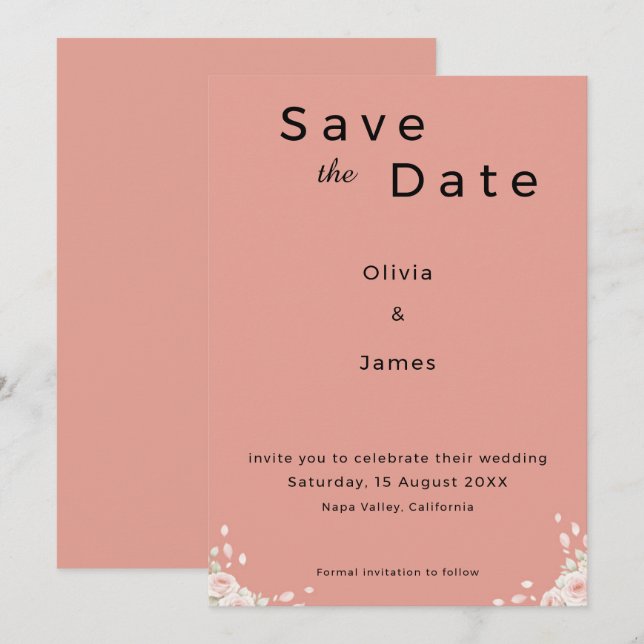 Save The Date Dusty Rose Elegant Minimalist Whispered Petals  (Devant / Derrière)