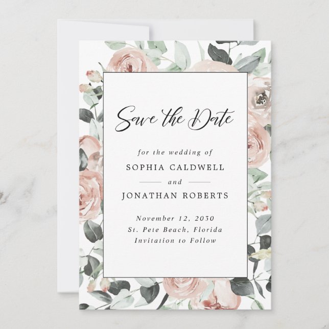 Save The Date Dusty Rose Floral Eucalyptus Mariage (Devant)