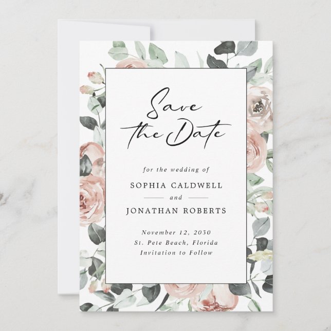 Save The Date Dusty Rose Floral Moderne Mariage de calligraphie (Devant)