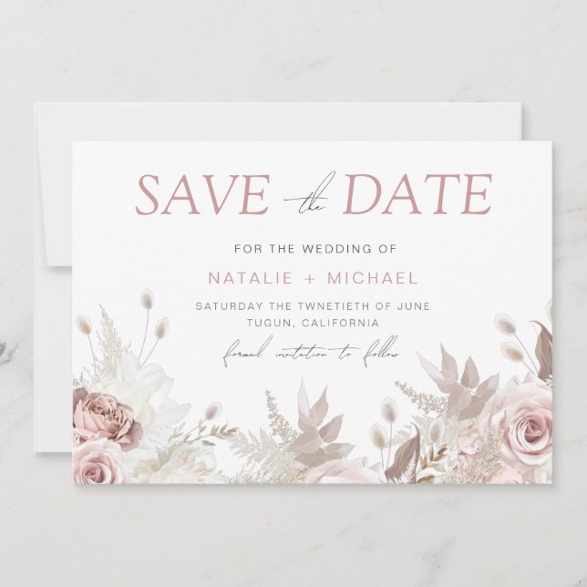 Save The Date Dusty Rose & Ivory Boho Floral Blush Mariage (Devant)