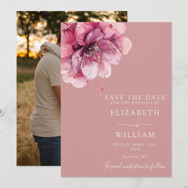 Save The Date Dusty Rose Moderne Aquarelle Florale Mariage photo (Devant / Derrière)