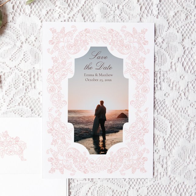Save The Date Dusty rose romantique photo baroque (Romantic photo save the date card with victorian botanical ornament illustrations in blush pink)