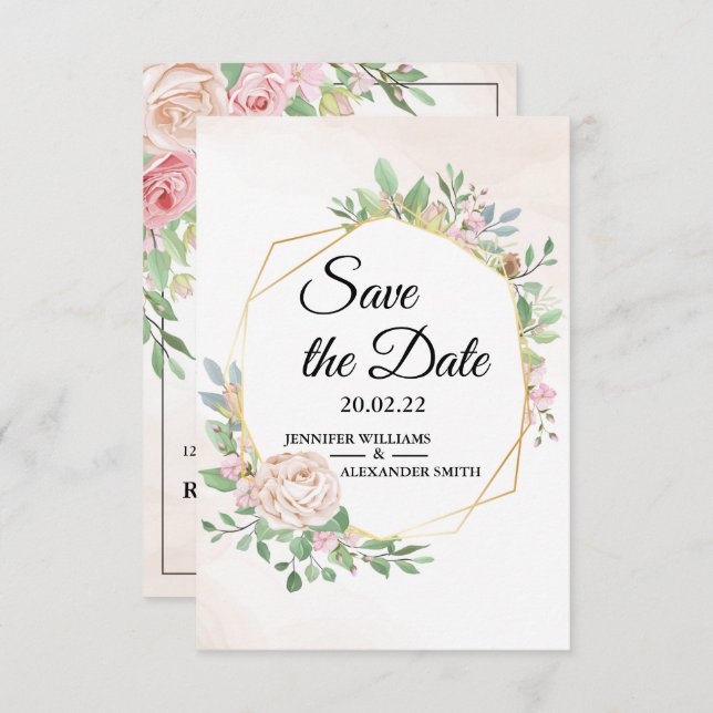 Save The Date Dusty Rose rose et or Floral Mariage (Devant / Derrière)