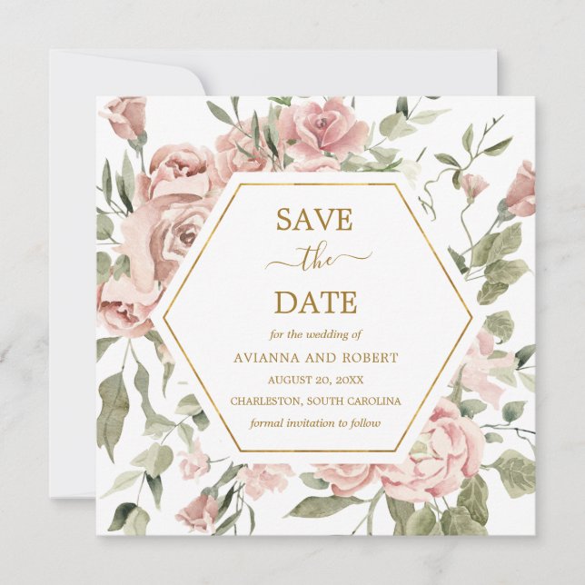 Save The Date Dusty Rose Rose Floral Or Enregistrer La Date (Devant)