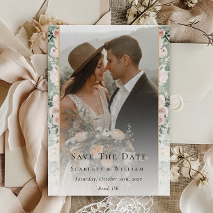 Save The Date Dusty Rose Sage Green Vintage Wedding Photo