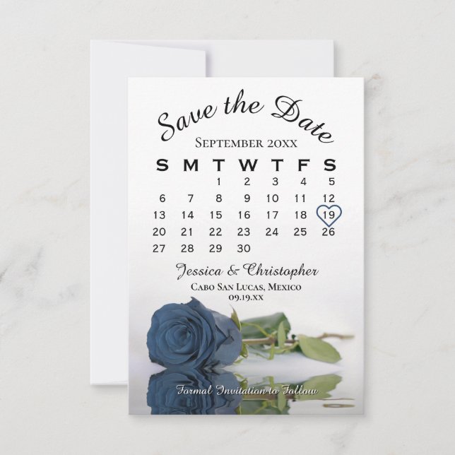Save The Date Dusty Steel Blue Rose élégant calendrier de mariag (Devant)