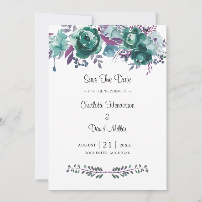 Save The Date Dusty Turquoise Plum Aquarelle Mariage Floral (Devant)