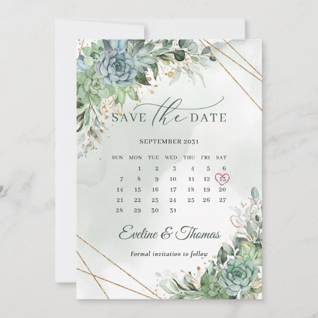 Save The Date Dusty vert bleu succulents or enregistrer la date (Devant)