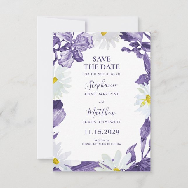 Save The Date Dusty violet Iris blanc marguerite Mariage botaniq (Devant)