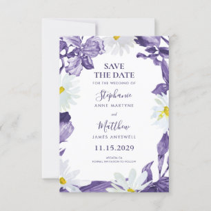 Save The Date Dusty violet Iris blanc marguerite Mariage botaniq