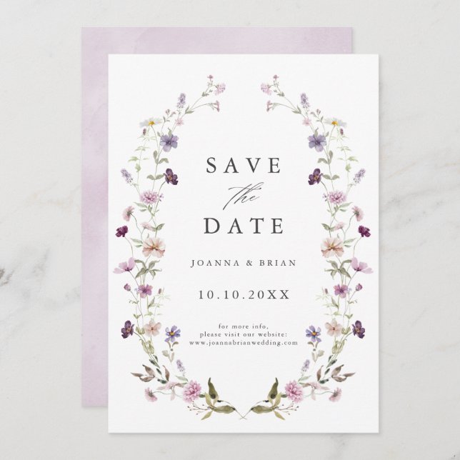 Save The Date Dusty Violet Lavender Fleur sauvage Jardin Mariage (Devant / Derrière)