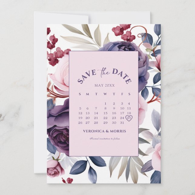 Save The Date Dusty violet rose calendrier fleuri mariage (Devant)