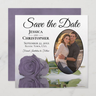 Save The Date Dusty violet Rose sur White Oval Photo Chic Mariag