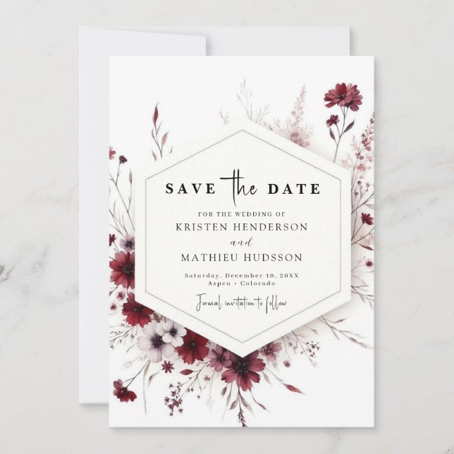 Save The Date Earthy Chic Burgundy Floral Mariage (Devant)