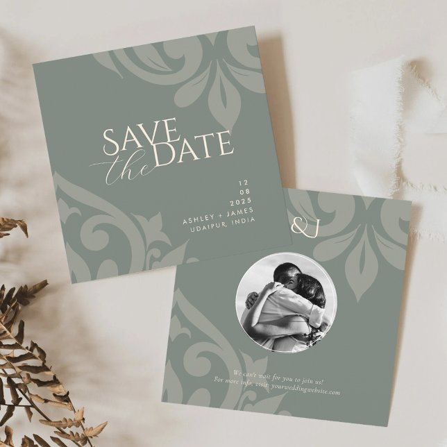 Save The Date Earthy Olive Damask Elegant Classic Photo Mariage (Créateur téléchargé)