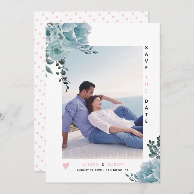 Save The Date Eau bleu poussiéreux fleurs rose pâle et photo (Devant / Derrière)