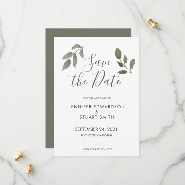 Save The Date Eau botanique rustique élégant feuille mariage (Devant/Arrière en situation)